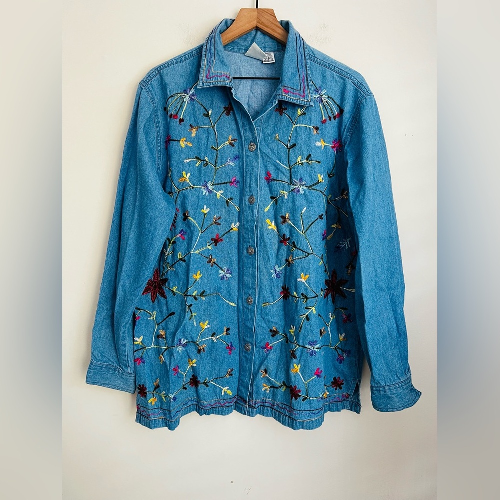 Adrian Delafield denim button up shirt floral embroidery chambray long sleeve XL